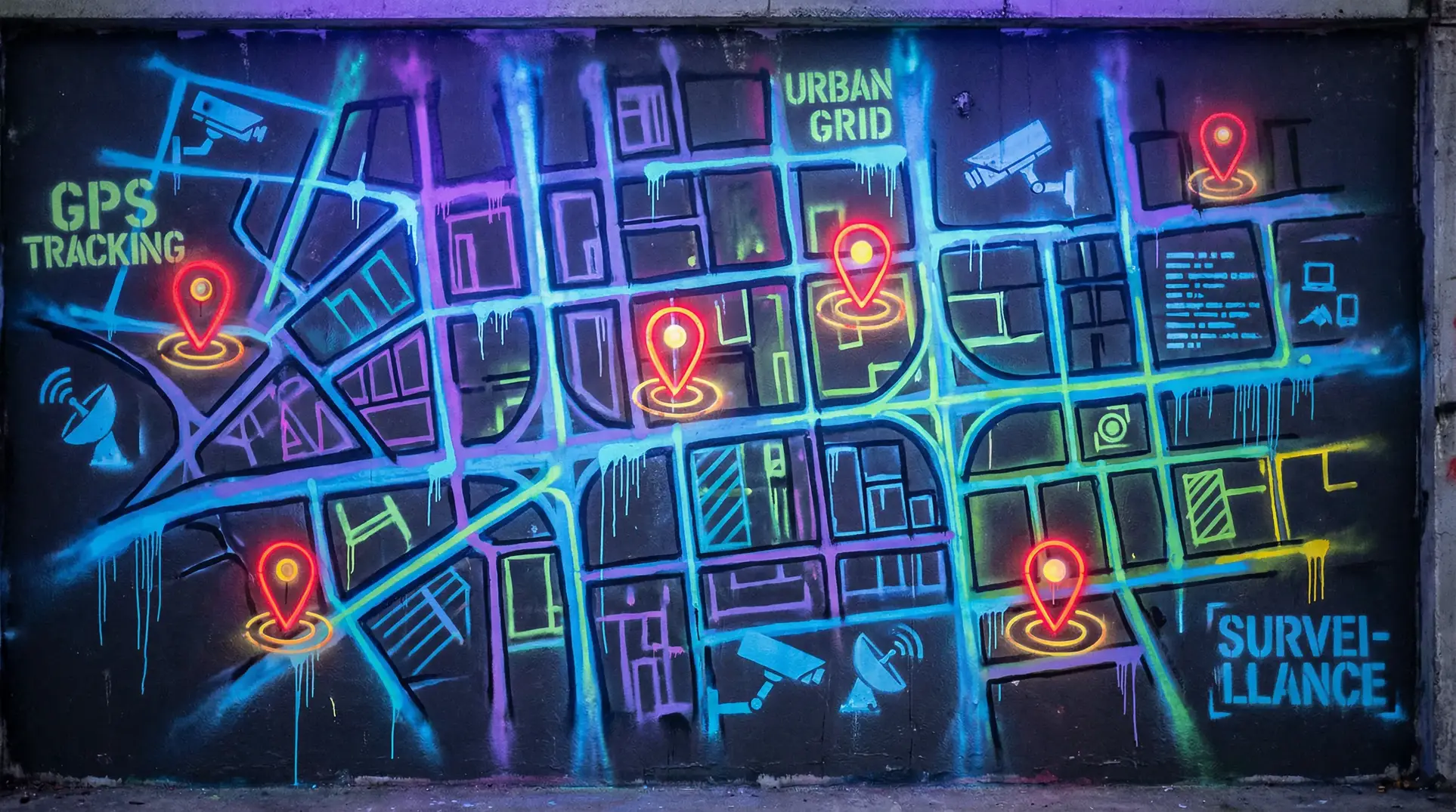 公交车后车座的疯狂的做经过 狗仔追踪地图 - 城市涂鸦风格